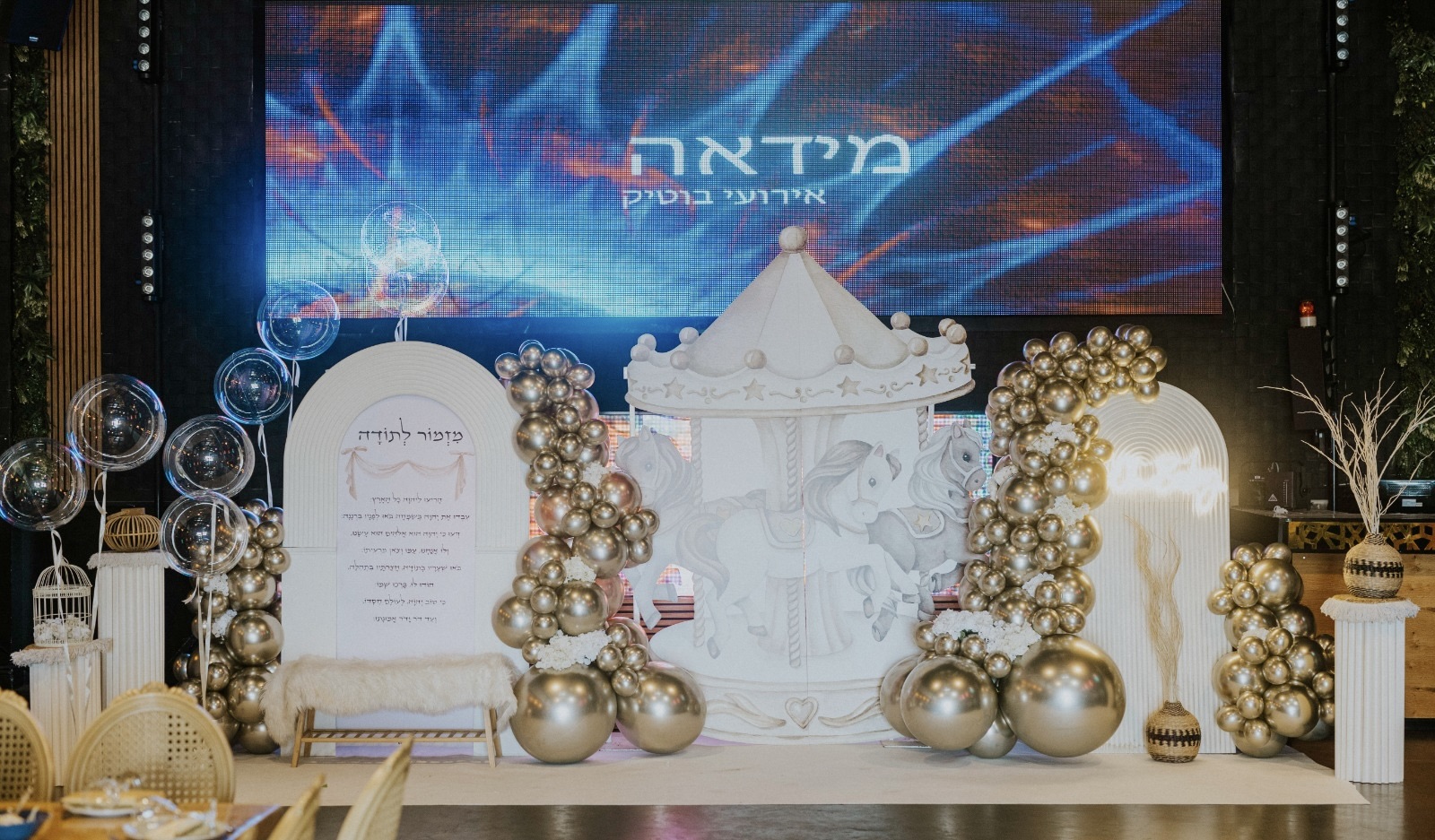 עיצוב קיר צילום ובלונים לברית בגווני לבן וזהב