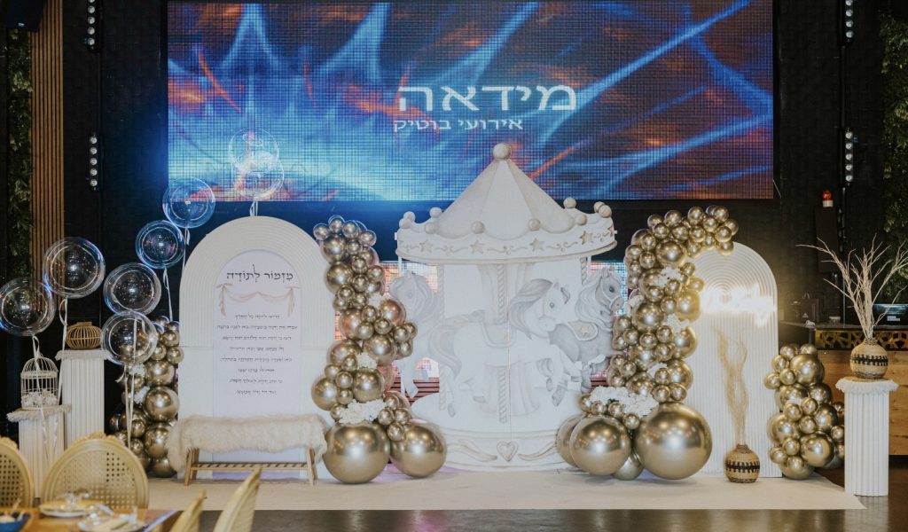 עיצוב קיר צילום ובלונים לברית בגווני לבן וזהב